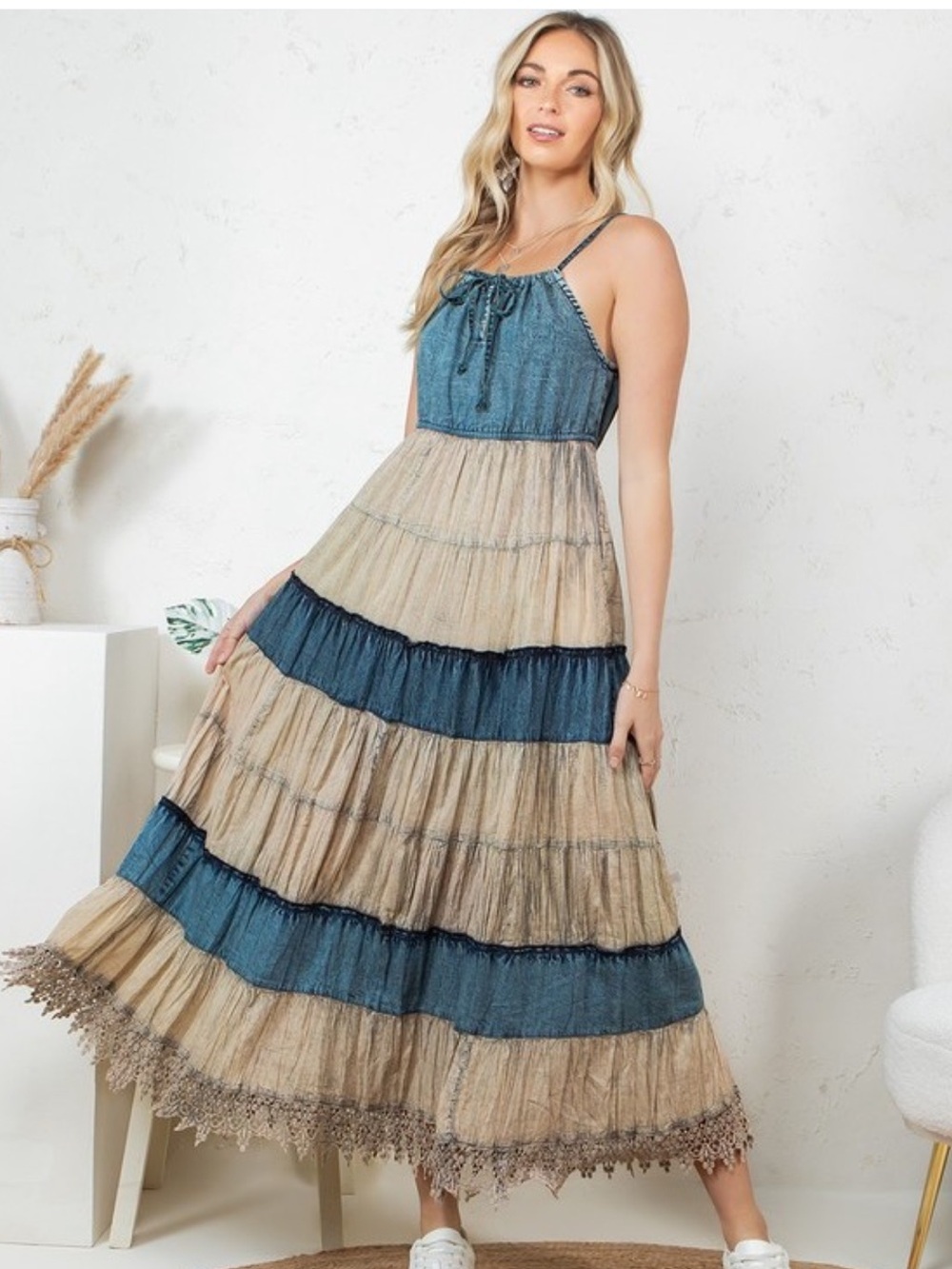 Boho Chic Halter Tiered Maxi Dress in Blue and Tan
